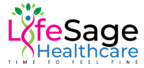 Logo of LifeSage Healthcare with a stylized DNA and human figure forming the "i" in "Life", accompanied by the tagline "Time to Feel Fine"