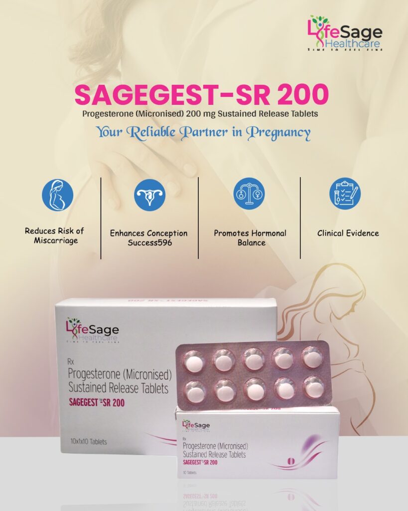 SAGEGEST-SR 200 by LifeSage Healthcare – Micronised Progesterone 200 mg sustained release tablets supporting pregnancy, reducing miscarriage risk, and promoting hormonal balance.